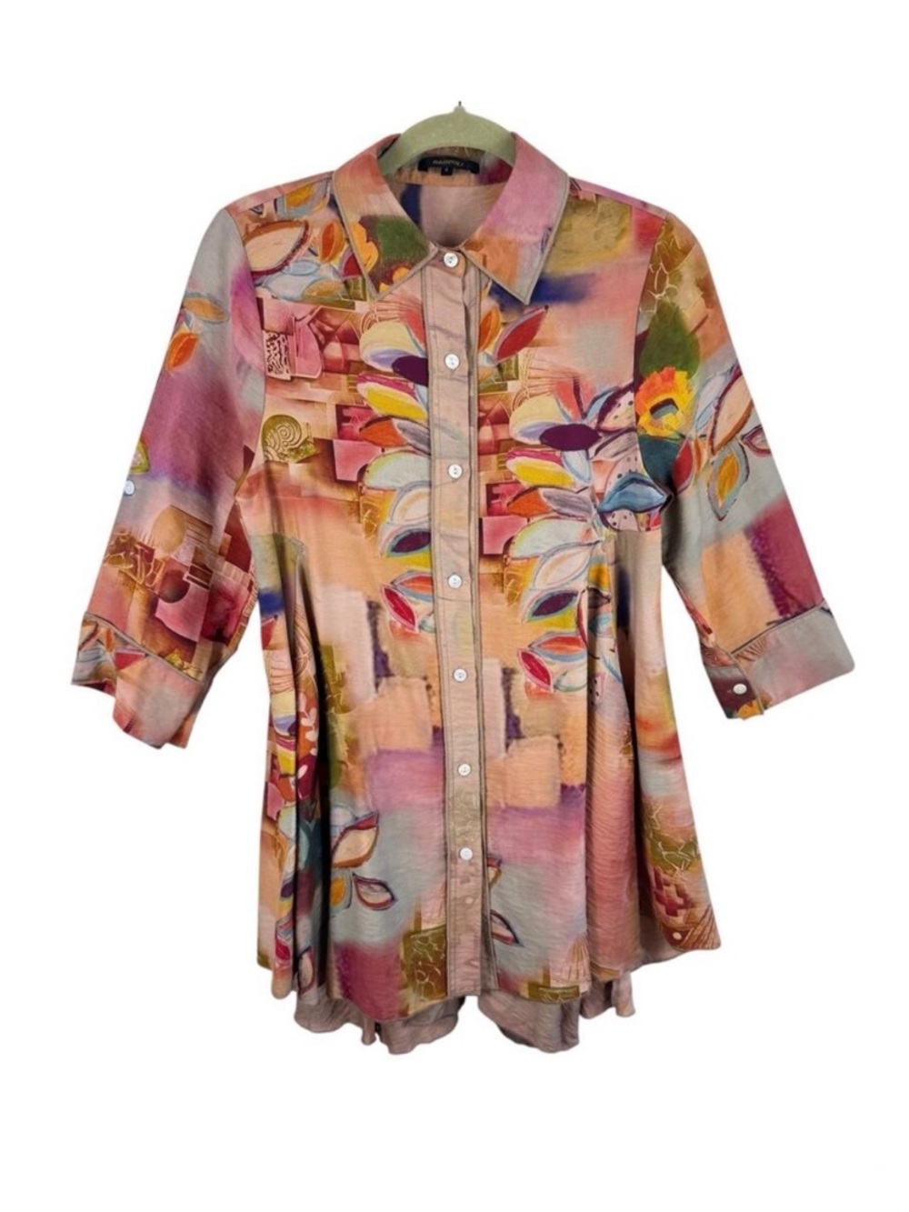 Radzoli Artsy Floral Button Up Collared 3/4 Roll Tab Sleeve Tunic Dress‎ Size S